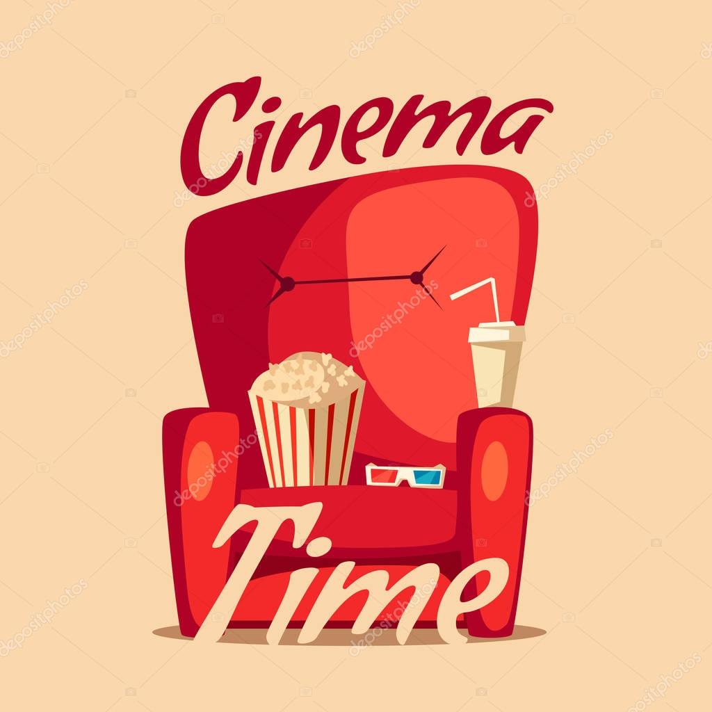 Cinema Time. Home movie watching. Cartoon vector illustration. Red sofa. Web, banner and logo design. Popcorn, cola and 3d glasses. Vintage style. Food and drink