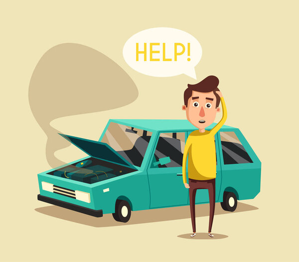 Broken car. Vector cartoon illustration. Need help