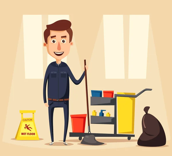 Schoonmaak personeel karakter met apparatuur. Cartoon vectorillustratie. — Stockvector