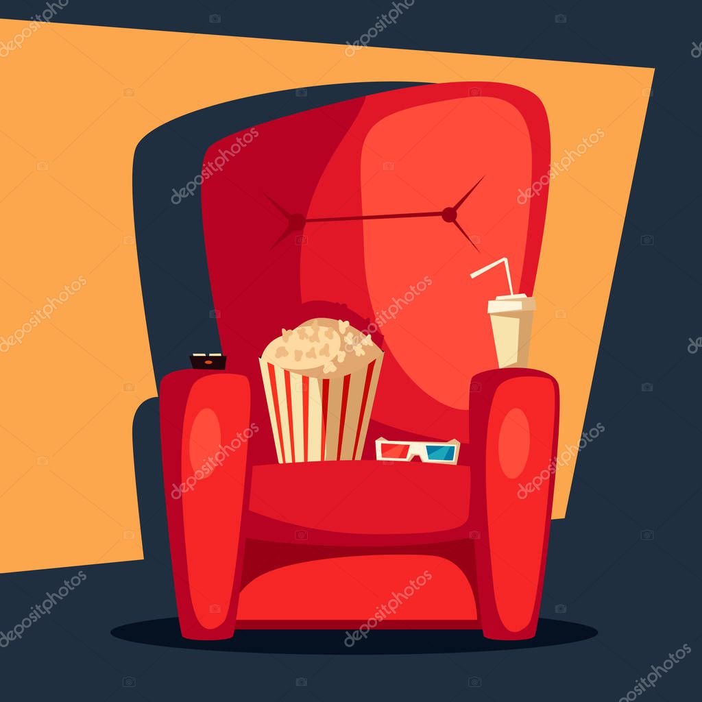 Movie night. Home cinema watching. Cartoon vector illustration. Red sofa. Web, banner and logo design. Popcorn, cola and 3d glasses. Vintage style. Food and drink