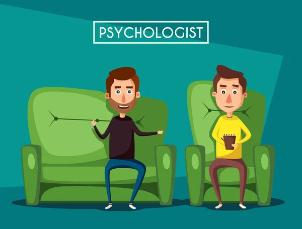 Paciente a falar com psicólogo. Desenhos animados ilustração vetorial — Vetor de Stock