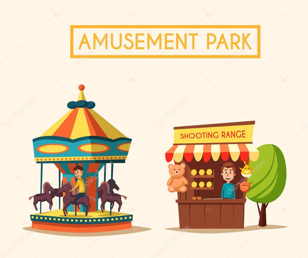 Amusement park theme. Cartoon vector illustration. Vintage style. Set of attractions. Icon collection. Funfair. Good emotions