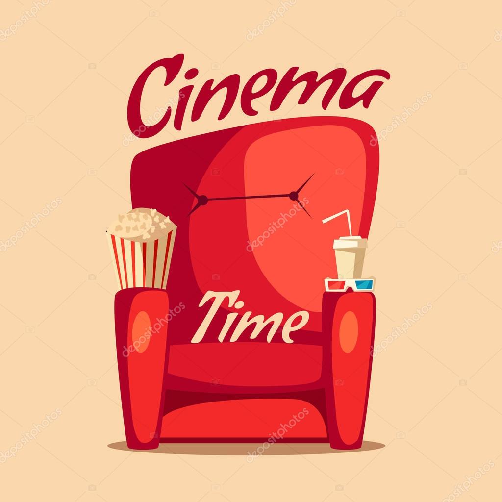Cinema Time. Home movie watching. Cartoon vector illustration. Red sofa. Web, banner and logo design. Popcorn, cola and 3d glasses. Vintage style. Food and drink