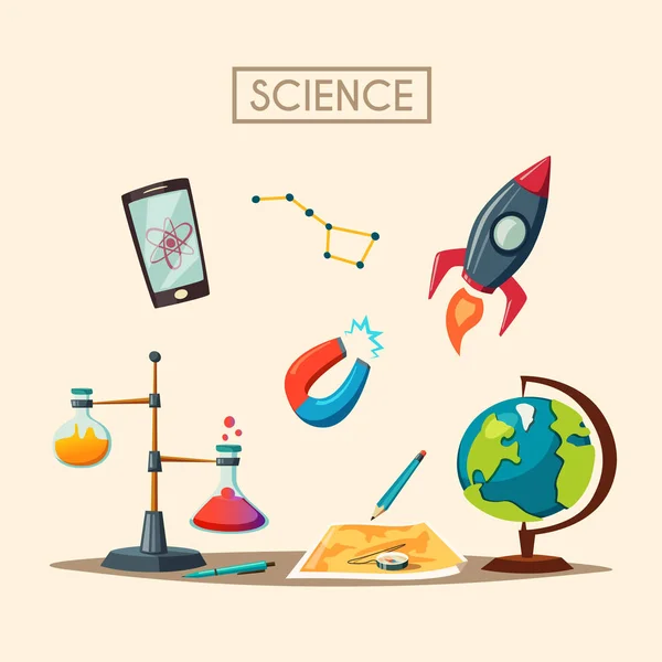 Conjunto de logotipo da ciência. Desenhos animados ilustração vetorial. Tema da educação —  Vetores de Stock