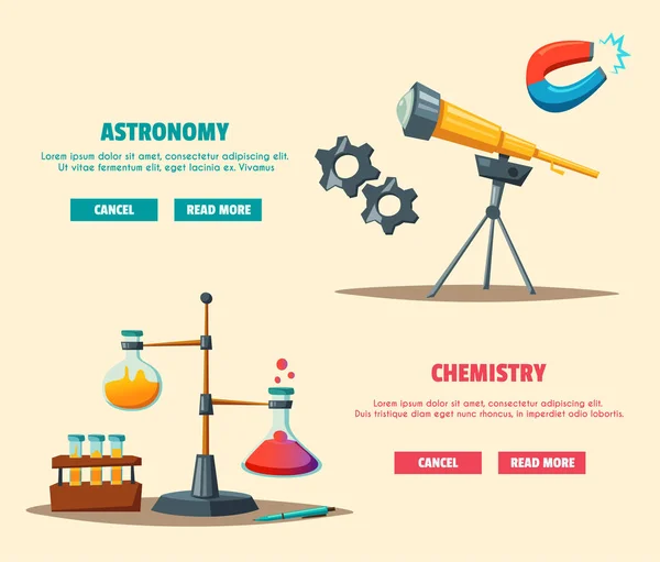 Conjunto de logotipo de ciencia. Ilustración vectorial de dibujos animados. Tema de educación — Vector de stock