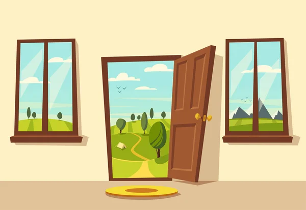 Open door. Valley landscape. Cartoon vector illustration.