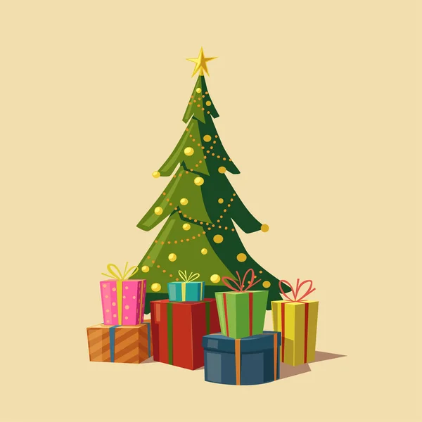 Arbre de Noël avec cadeaux. Illustration vectorielle de bande dessinée — Image vectorielle