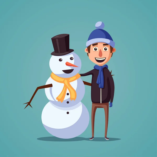 Αγόρι κάνει χαριτωμένο χιονάνθρωπος. Καρτούν εικονογράφηση φορέα — Διανυσματικό Αρχείο