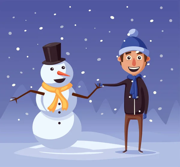 Αγόρι κάνει χαριτωμένο χιονάνθρωπος. Καρτούν εικονογράφηση φορέα. — Διανυσματικό Αρχείο