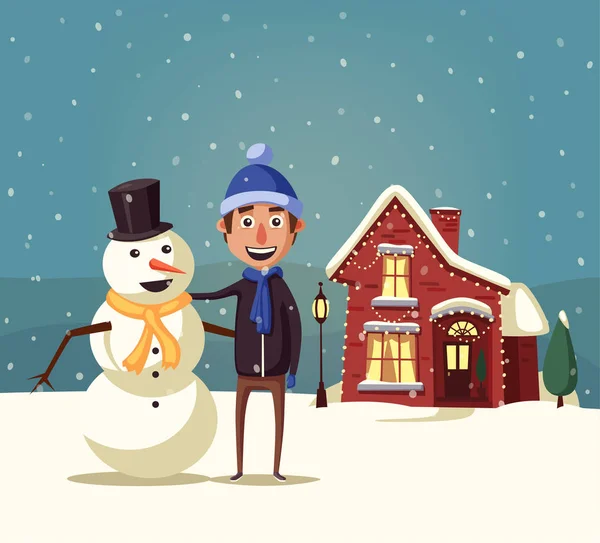 Χαρούμενα Χριστούγεννα σπίτι. Αγόρι και χιονάνθρωπος. Καρτούν εικονογράφηση φορέα — Διανυσματικό Αρχείο