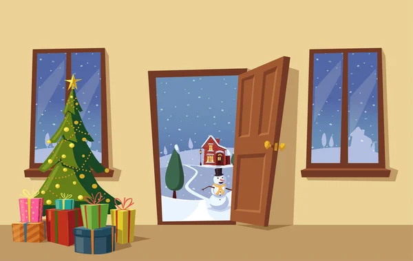 Ανοιχτή πόρτα. Χριστουγεννιάτικο δέντρο. Καρτούν εικονογράφηση φορέα — Διανυσματικό Αρχείο