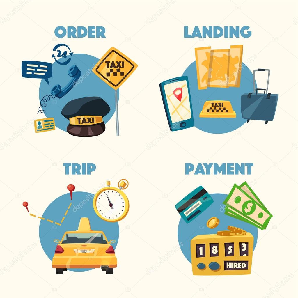 Taxi service. Cartoon vector illustration. Order and payment. Public auto transport banner. Landing and trip. Car in the city
