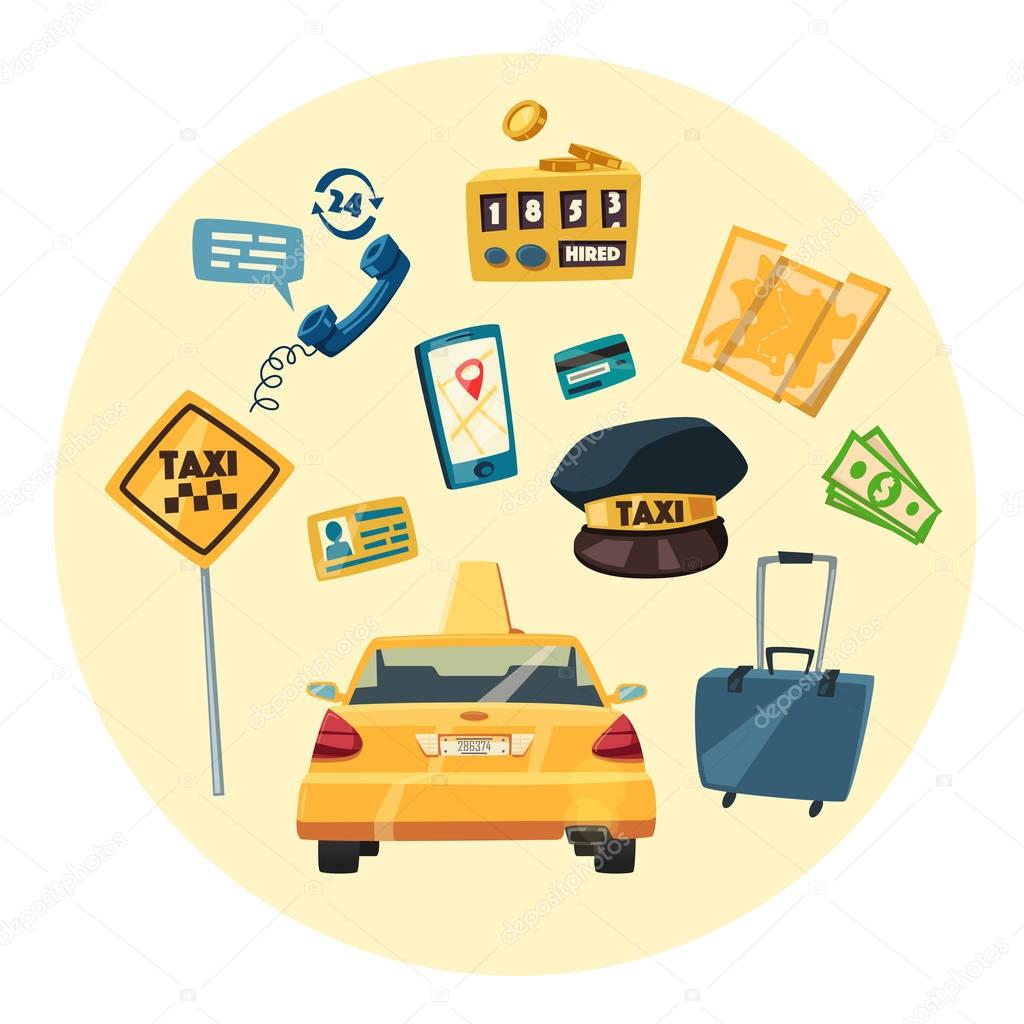 Taxi service. Cartoon vector illustration. Order and payment. Public auto transport banner. Landing and trip. Car in the city.