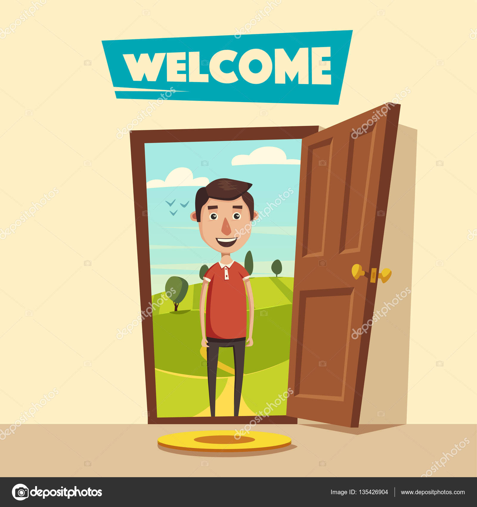 Open Door Welcome Cartoon Vector Illustration Stock Vector