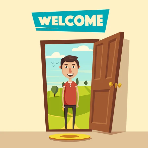 Apri la porta. Benvenuta. Illustrazione vettoriale cartone animato — Vettoriale Stock