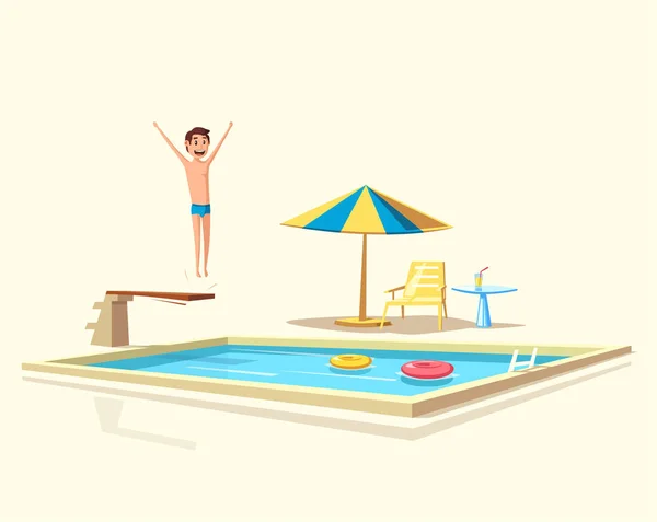 Um homem a saltar. Piscina com prancha de mergulho. Desenhos animados Vector ilustração — Vetor de Stock