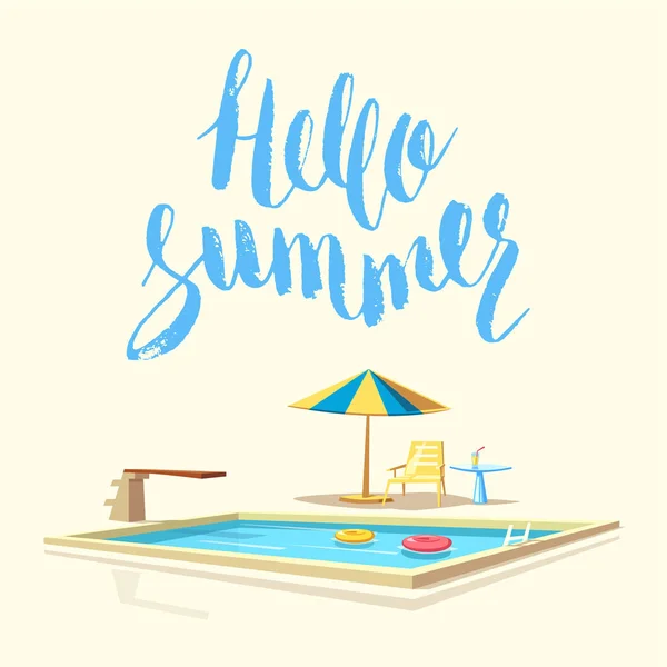 Ahoj léto. Plavecký bazén. Kreslené vektorové ilustrace — Stockový vektor