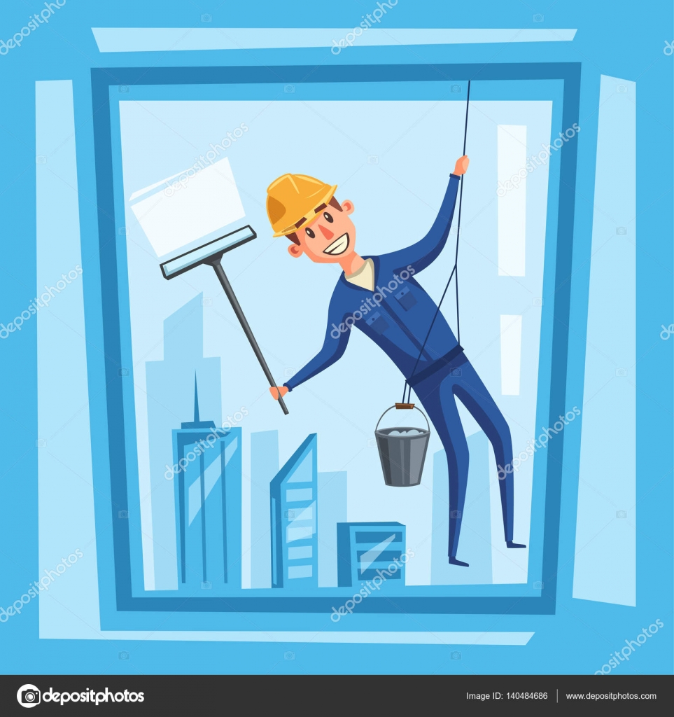 Profesional worker cleaning windows. Cartoon vector illustration Stock ...