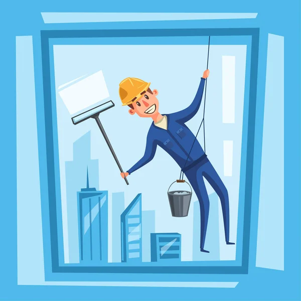 Profesional dělník čištění oken. Kreslené vektorové ilustrace — Stockový vektor