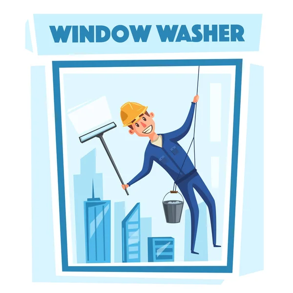 Lavatrice professionista che pulisce le finestre. Illustrazione vettoriale cartone animato — Vettoriale Stock