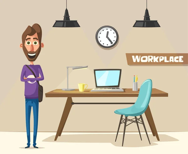 Modern workplace. Creative character. Office work. Cartoon vector illustration — Stock Vector