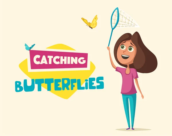 Glückliches Mädchen, das Schmetterlinge fängt. Zeichentrickvektorillustration — Stockvektor