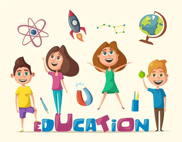 Děti a vzdělání banner. Kreslené vektorové ilustrace — Stockový vektor