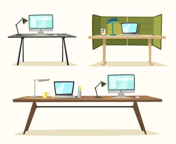 Conjunto de mesas de escritório. Desenhos animados ilustração vetorial . — Vetor de Stock