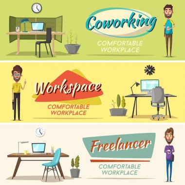 Modern işyerleri. Yaratıcı karakterler. Ofis işi. Çizgi film vektör çizim