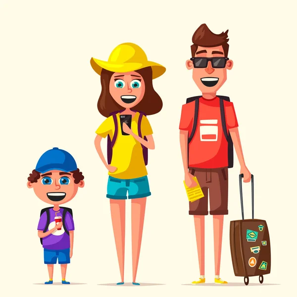 Familia feliz en los viajes. Viaje de padres e hijos. Dibujos animados vector ilustración — Vector de stock