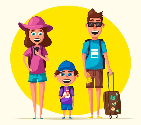 Familia feliz en los viajes. Viaje de padres e hijos. Dibujos animados vector ilustración — Vector de stock