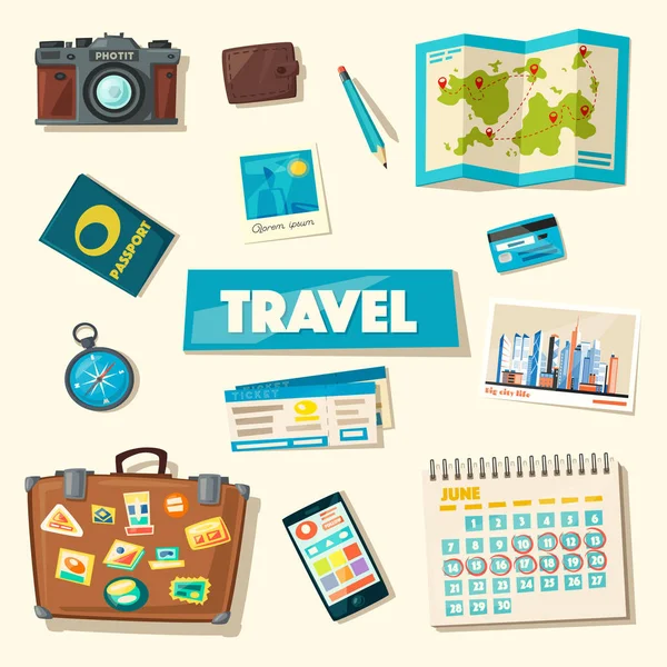 Coleção de viagens. Tema de férias. Desenhos animados ilustração vetorial . —  Vetores de Stock