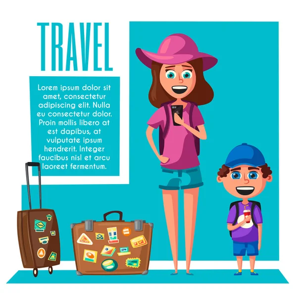 Happy family in travel. Journey of mom and son. Cartoon vector illustration — Stock Vector