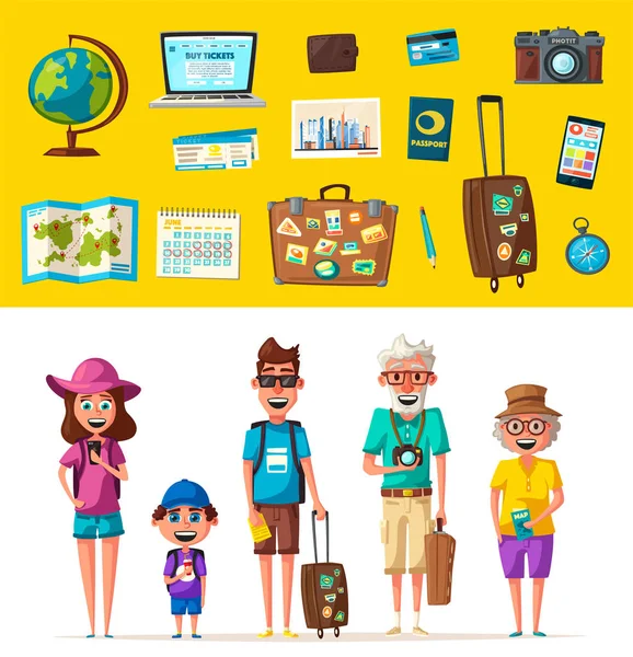 旅行で幸せな家族。親と子の旅。漫画のベクトル図 — ストックベクタ