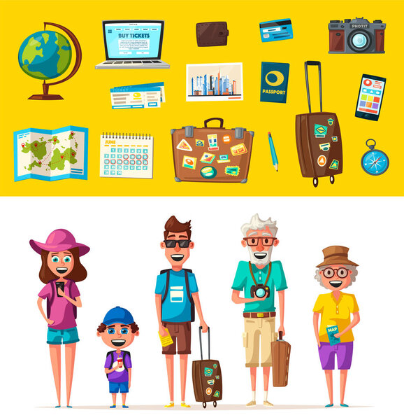 Happy family in travel. Journey of parents and child. Cartoon vector illustration