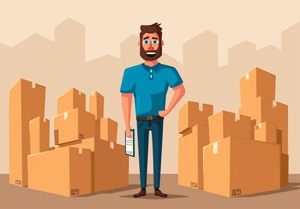 Moviéndose con cajas. Compañía de transporte. Dibujos animados vector ilustración — Vector de stock