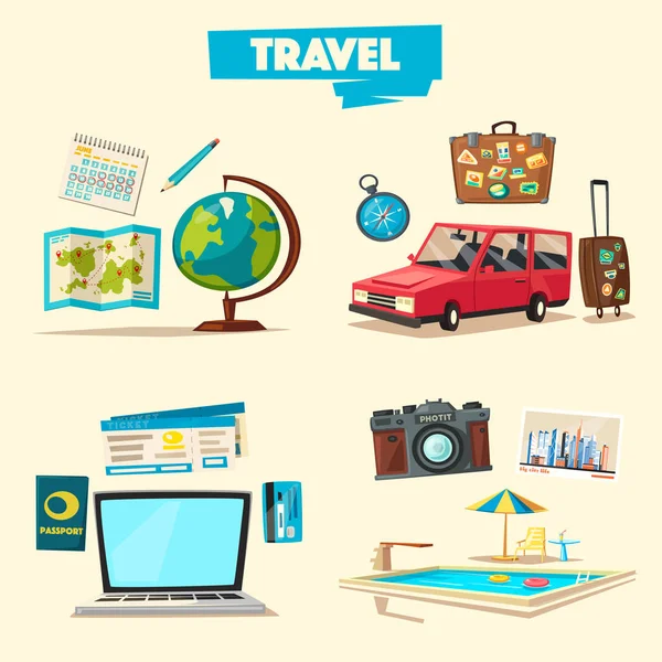 Colección de viajes. Tema de vacaciones. Dibujos animados vector ilustración . — Vector de stock