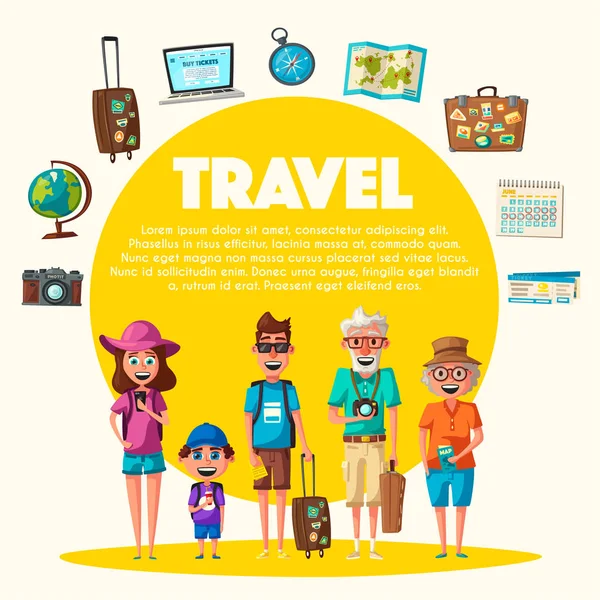 Happy family in travel. Journey of parents and child. Cartoon vector illustration — Stock Vector