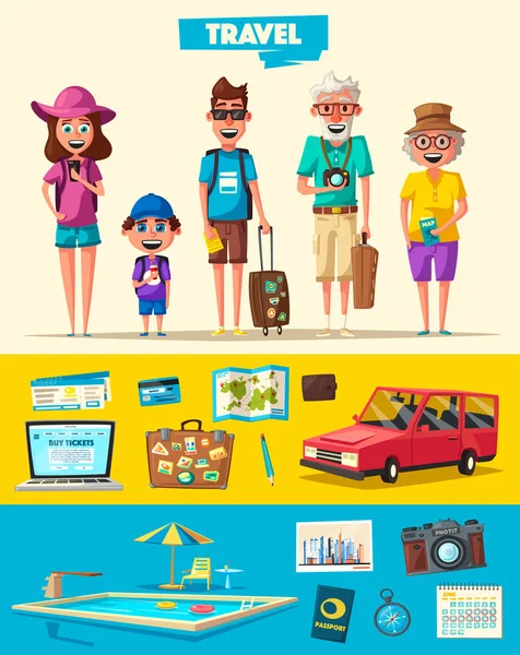 Família feliz em viagem. Viagem de pais e filho. Desenhos animados ilustração vetorial — Vetor de Stock