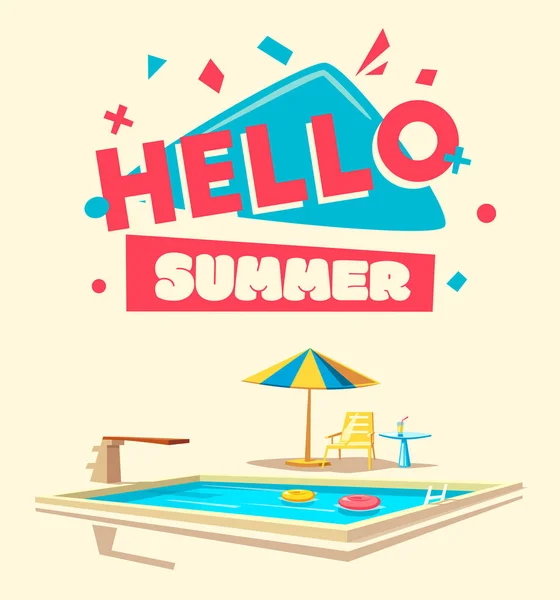 こんにちは夏。スイミング プール。漫画のベクトル図 — ストックベクタ