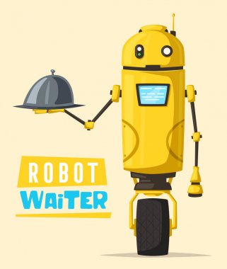 Komik robot garson, sevimli karakter. Vektör karikatür çizim