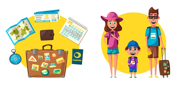 Família feliz em viagem. Viagem de pais e filho. Desenhos animados ilustração vetorial — Vetor de Stock