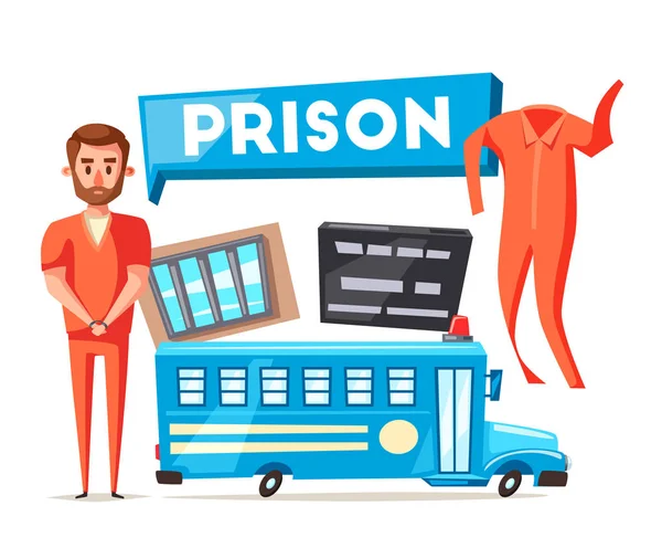 Prisión con prisionero. Diseño de personajes. Dibujos animados ilustración — Vector de stock