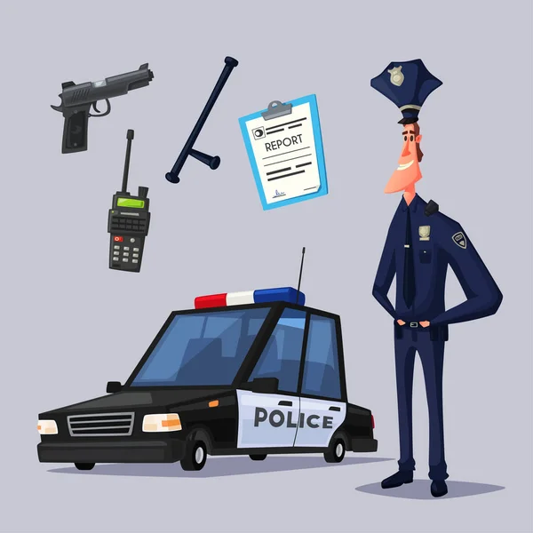 Policeman character and police car. Cartoon vector illustration — Stock Vector