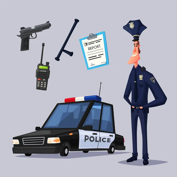 Personagem policial e carro da polícia. Desenhos animados ilustração vetorial — Vetor de Stock