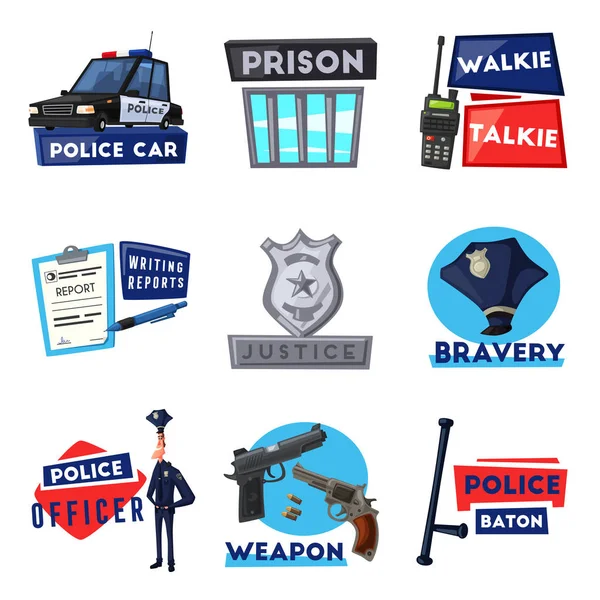 Policeman character and police car. Cartoon vector illustration — Stock Vector