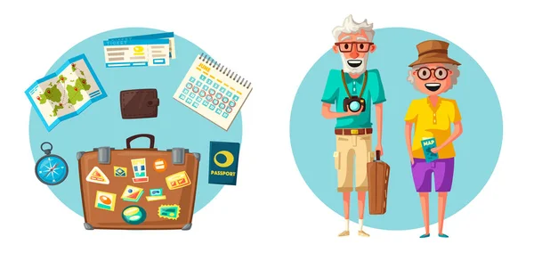 Viejos en viaje. Viaje de los abuelos. Dibujos animados vector ilustración — Vector de stock