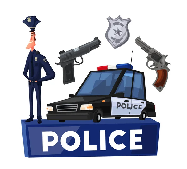 Policeman character and police car. Cartoon vector illustration — Stock Vector