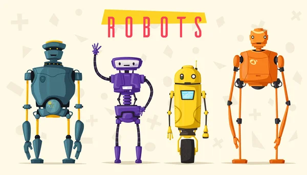 Conjunto de robôs. Tecnologia, futuro. Desenhos animados ilustração vetorial —  Vetores de Stock