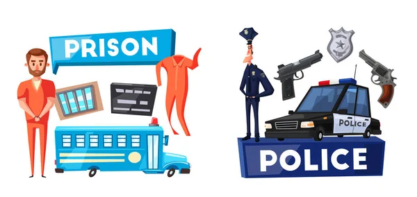 Policía y prisión. Dibujos animados vector ilustración — Vector de stock